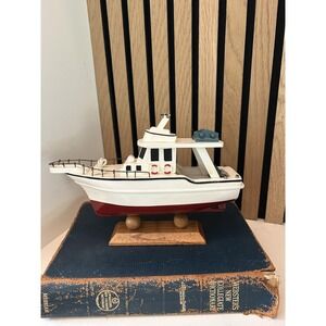 Painted Wooden Boat Model with Stand White Red Blue Nautical Decor
